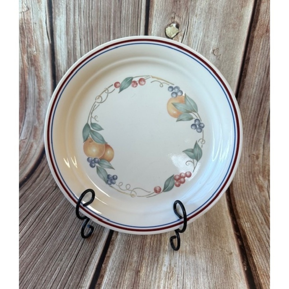 Vintage Corelle Abundance Salad Plates Set of 4 Cream Blue Red Trim Made in USA